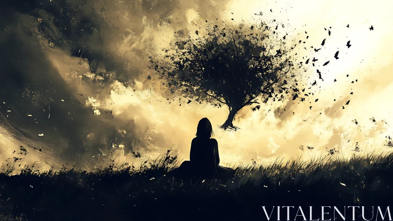 Silhouetted figure watches lone tree scatter into flying birds
