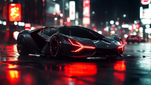 Midnight supercar gliding through neon city rainstorm.