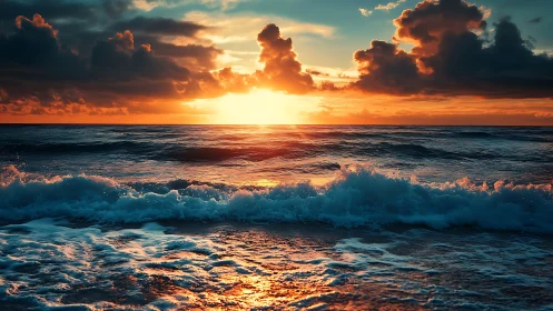 Fiery ocean sunset over crashing waves and clouds.