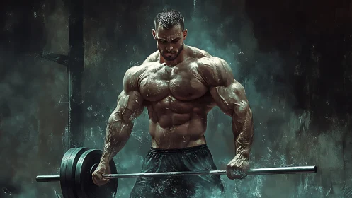 Hyperreal strength athlete executing heavy barbell deadlift.