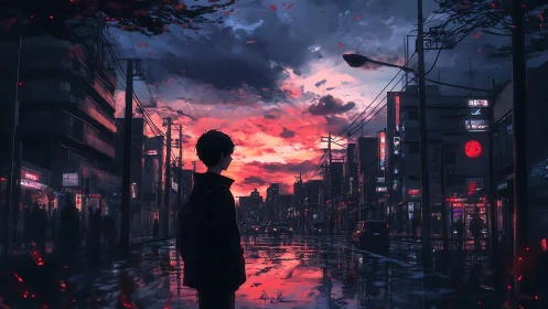 Lone traveler watches neon city glow beneath burning sunset.