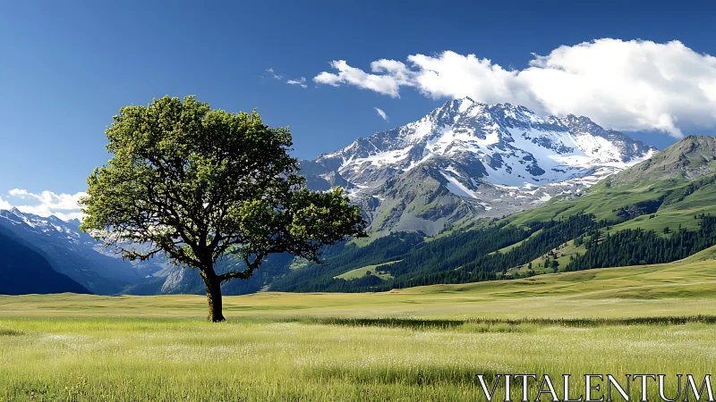 Solitary deciduous tree on alpine meadow before snowcapped massif