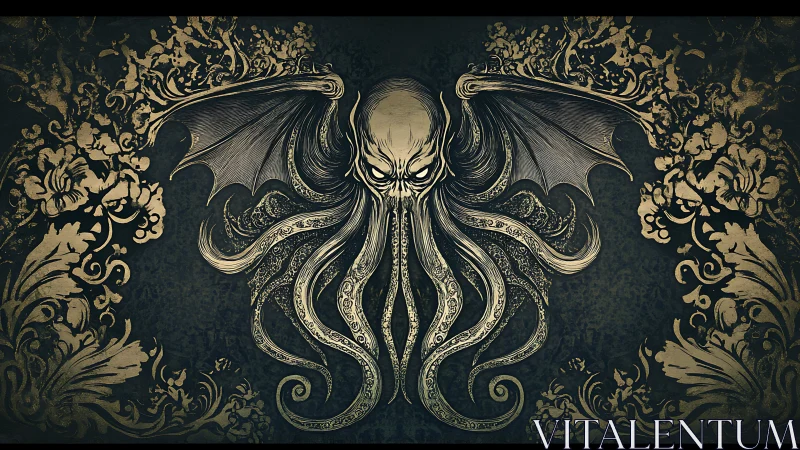 Eldritch cephalopod god coils within ornate baroque frame.