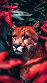 Cheetah portrait within dense red foliage in profile view.