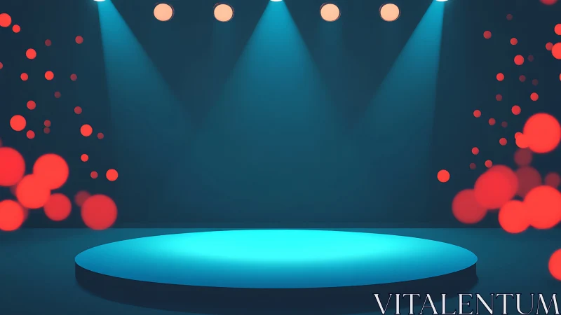 Circular stage under blue spotlights with red bokeh orbs