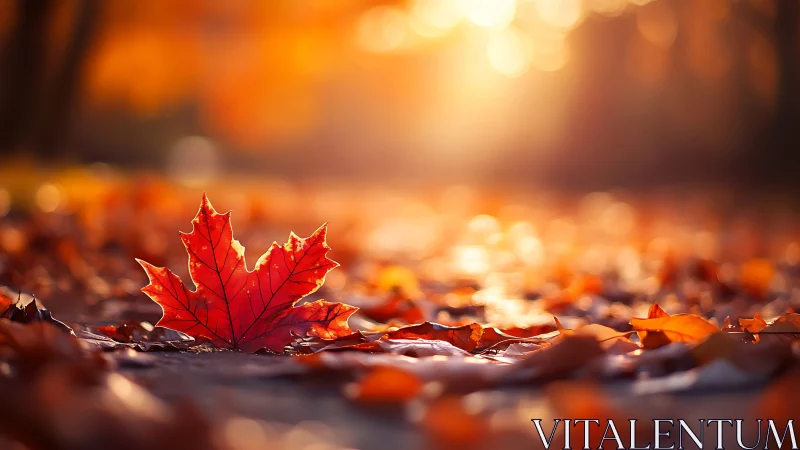 Maple leaf on autumn ground in warm evening light.