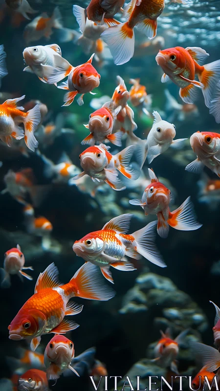 Goldfish school swims densely in clear illuminated water