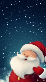 Cheerful Santa waves warmly in a softly falling snowy night