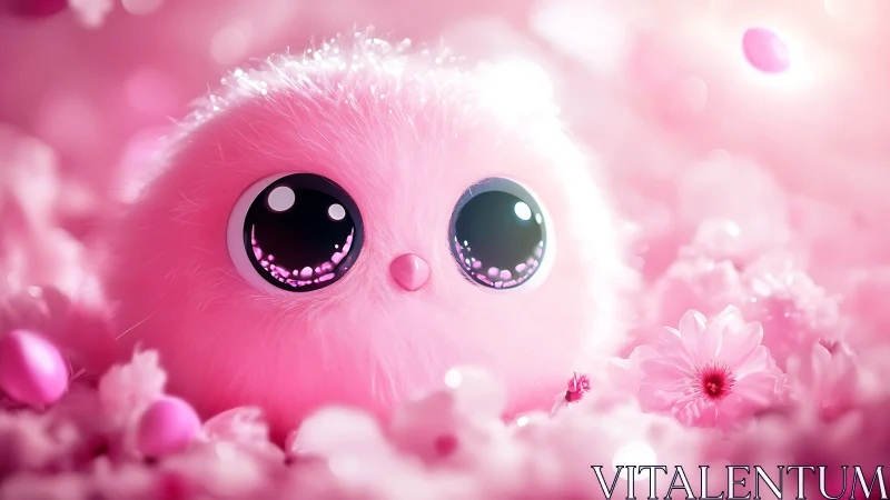 Pink spherical fluffy character amid soft floral elements.
