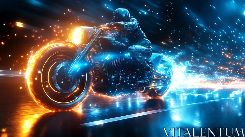 Motorcyclist on luminous road with fire and plasma trails.