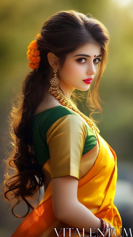 Portrait of woman in yellow sari with traditional jewelry.