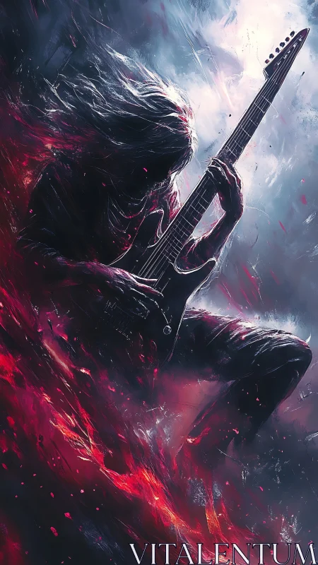 Backlit metal guitarist silhouette dissolves into red energy streams