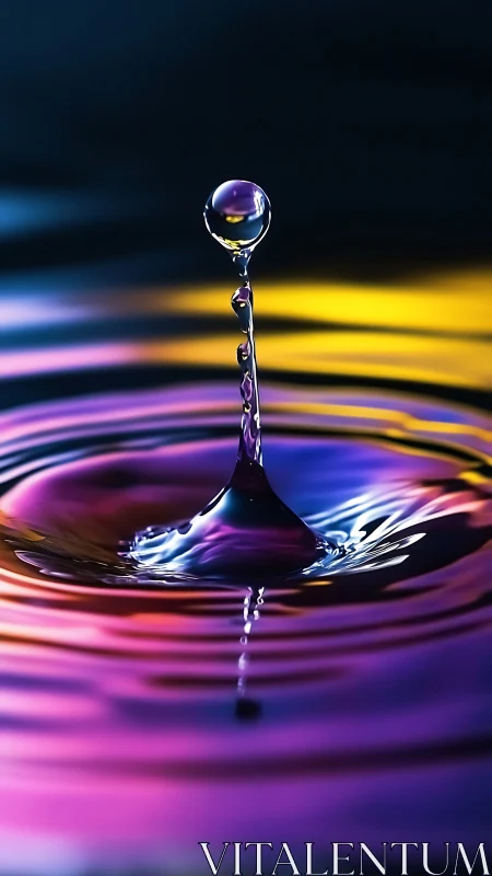 Colorful water droplet rising in glowing rippled reflections.