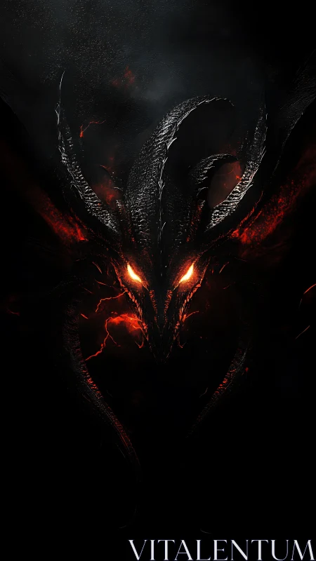 Infernal dragon visage emerging from smoldering darkness.