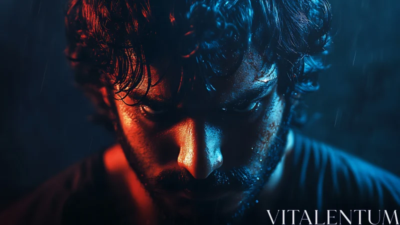 Intense male portrait under rain with dramatic neon lighting