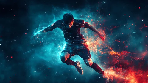 Electric striker leaping through nebula fire and ice storm.