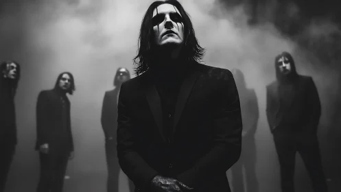 Gothic rock band in monochrome fog-drenched atmosphere.