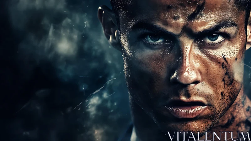 Intense male face in close-up with dirt, sweat and focus