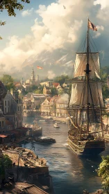 Sunlit harbor town welcoming a proud tall sailing ship.