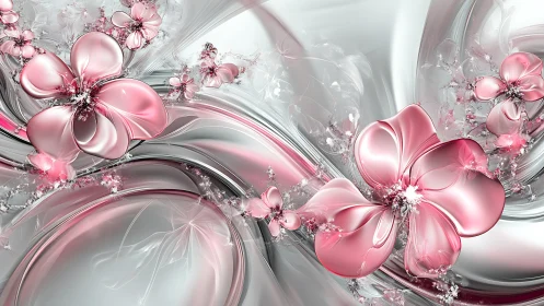 Fractal metallic pink floral forms on reflective silver flowing substrate