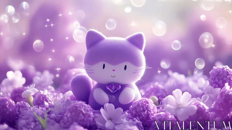 Cute Purple Cat Character Among Glowing Flowers and Magical Lights