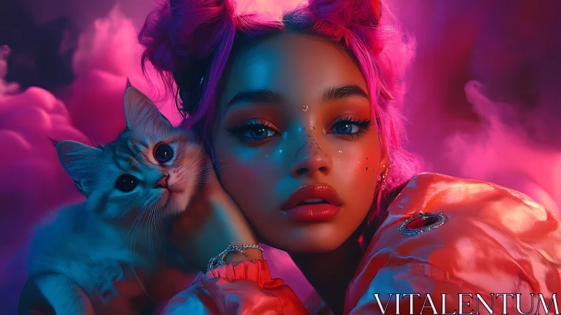 Neon dream portrait of girl and cat in glowing pink clouds