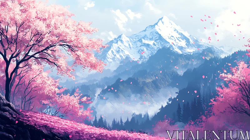 Snowcapped mountain range with pink blossom foreground trees.