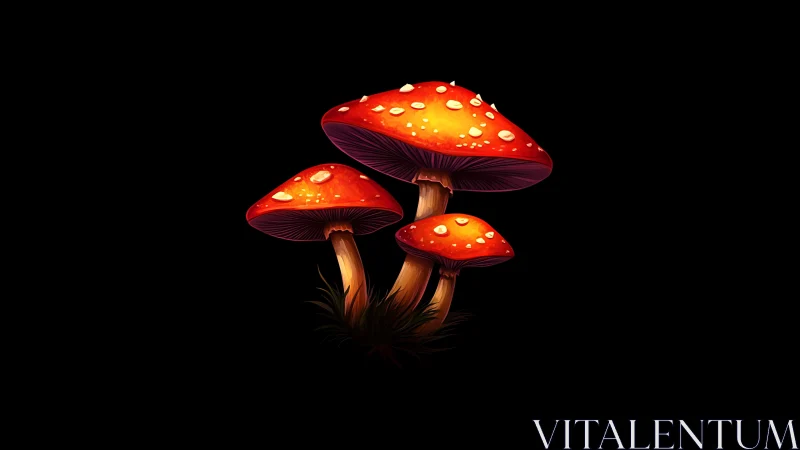 Glowing red forest mushrooms stand in a quiet midnight spotlight