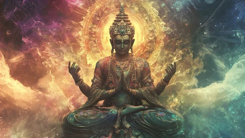 Digital painting of celestial seated deity in radiant mandala field.