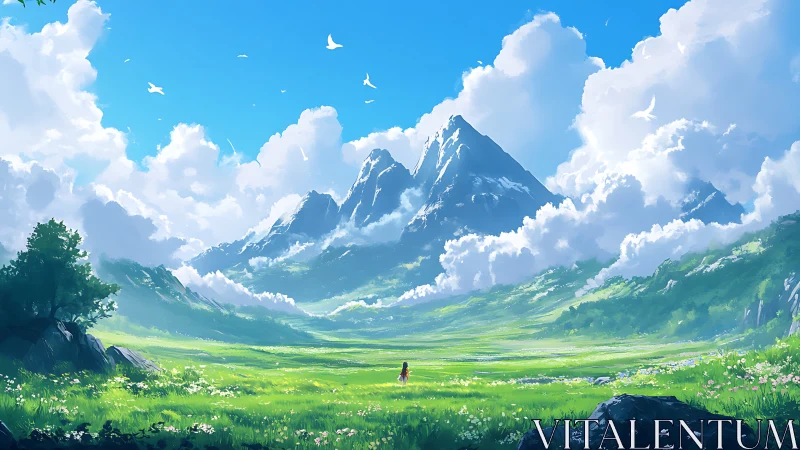 Vast emerald valley beneath towering sunlit mountains.