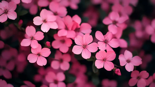 Pink petaled flowers in shallow depth field composition with selective focus