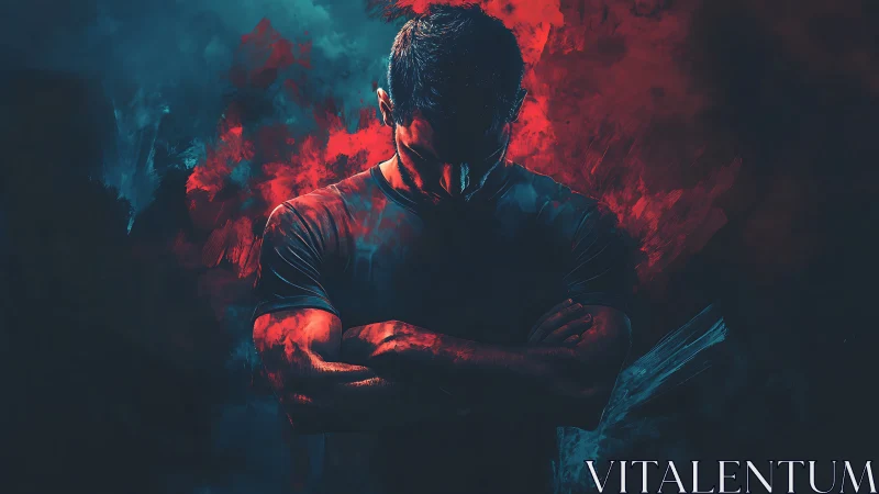 Brooding figure emerges through red and teal nebula haze.