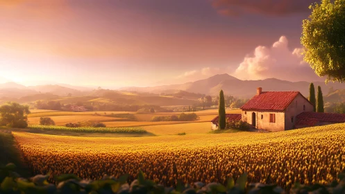 Sunlit Tuscan farmhouse amid rolling golden wheat fields.