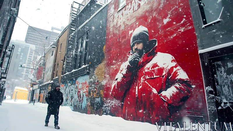 Red parka giant broods over snow-drowned graffiti alleyway