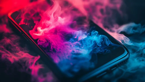 Luminous smartphone drifting in neon magenta and cyan smoke.