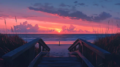 Boardwalk descent toward luminous ocean sunset horizon