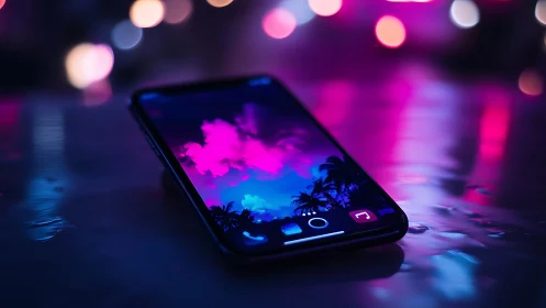 Neon dream lights glow around a sleek smartphone at rest