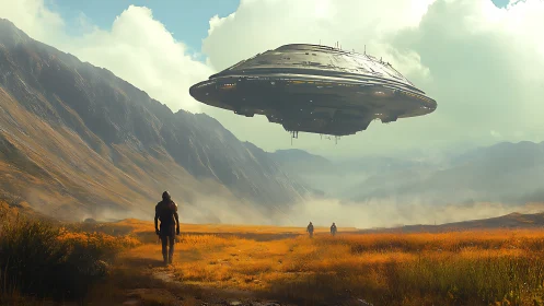 Futuristic saucer starship hovers over misty valley terrain