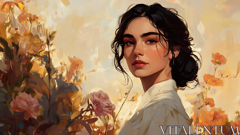 Elegant woman gazes through sunlit florals in warm serenity