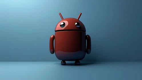 Shiny red robot stands cheerfully in a calm blue studio