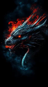 Firelit ice dragon gazing through swirling midnight smoke.