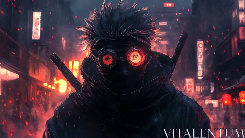 Masked figure with red goggles stands in neon-lit alleyway