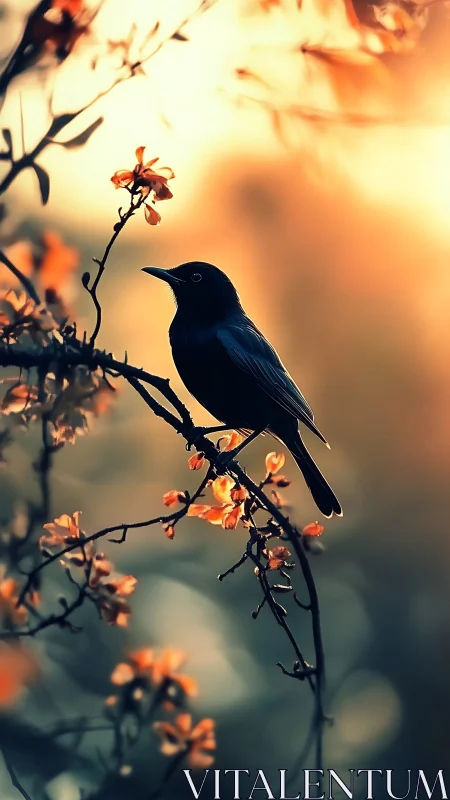 Gentle songbird rests among glowing blossoms at sunset