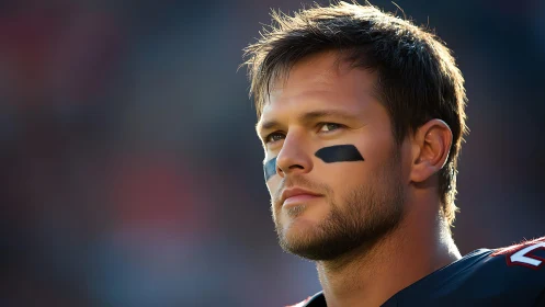 Male football player with eye black in outdoor stadium.
