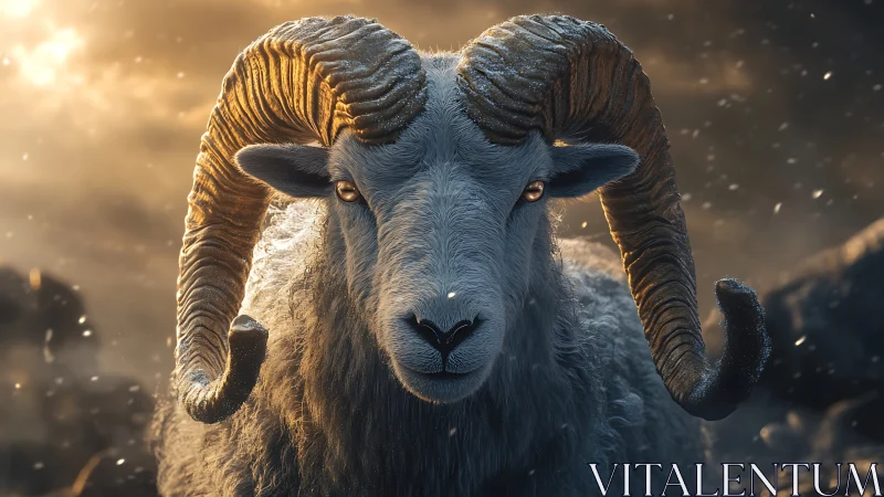 Majestic mountain ram portrait in backlit winter stormfield