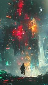 Solitary wanderer beneath towering neon data cascade.