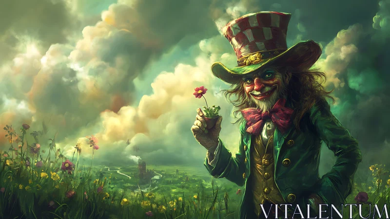 Whimsical trickster in emerald field beneath stormy skies.