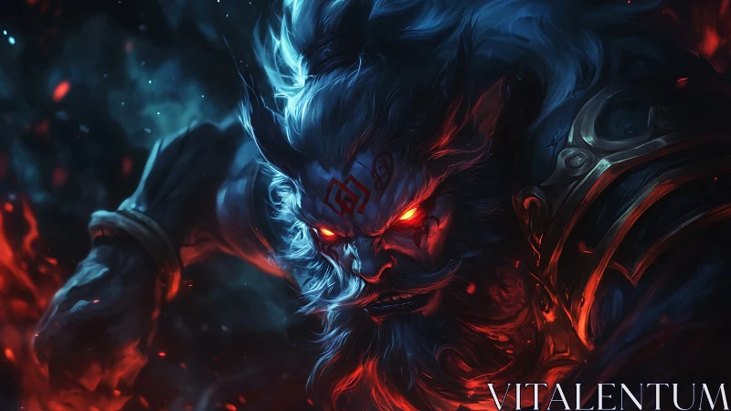 Demon warlord lunges through embered void with molten fury