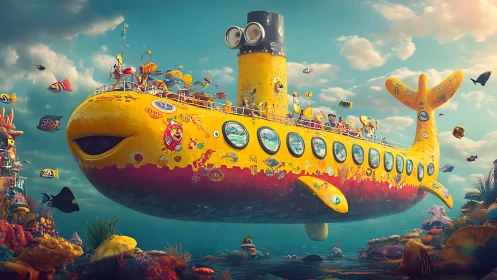 Playful yellow submarine sails through a dreamlike coral sea