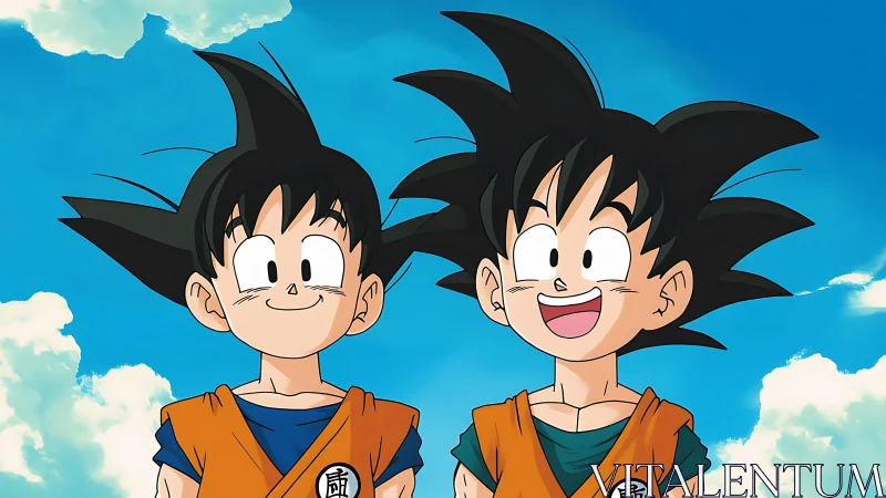 Smiling anime warriors share bright skyward moment together